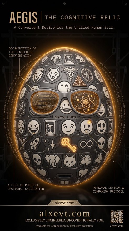 An ad-poster mockup of an engraved egg wearing glasses, headlined AEGIS, with callout lines and a QR code.