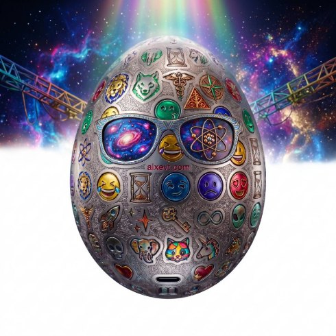 An iridescent chrome egg against a nebula.