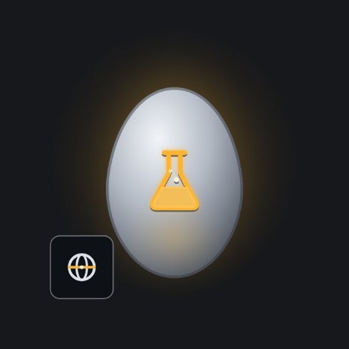 A palladium science egg with a square tile beside it holding a globe with an amber equator.