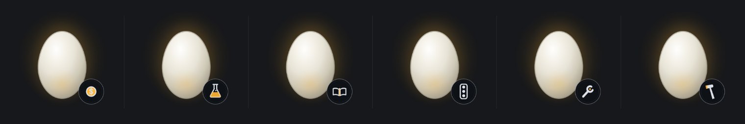 Six white foundation eggs, each with a different instrument punched beside it: coin, flask, book, traffic light, wrench, hammer.