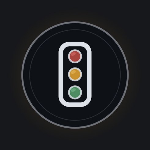 A roundel holding a three-lamp traffic light with muted red, amber and green lenses.